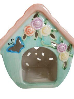 Birdhouse Tea Light Votive Candle Holder Pink Blue Floral Ceramic JoAnn Retired